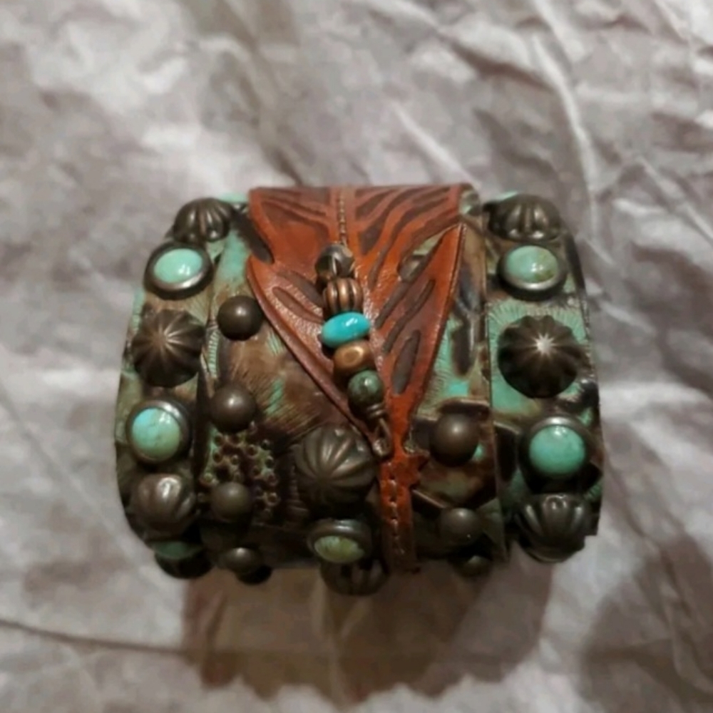 Tooled Leather Turquoise Feather Wrap Cuff Bracelet